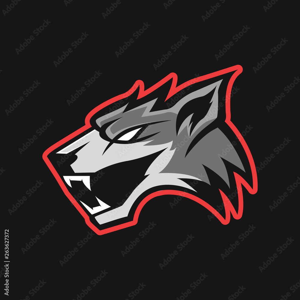 Modern professional logo for sport team. Wolf mascot. Wolves, vector symbol on a dark background.