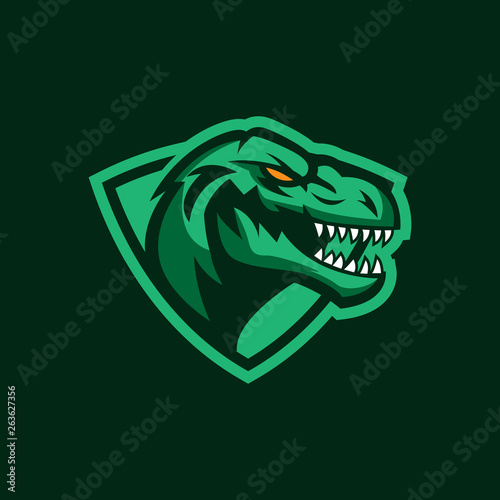 Modern professional logo for sport team. T-rex mascot. Dinosaur vector symbol on a dark background.