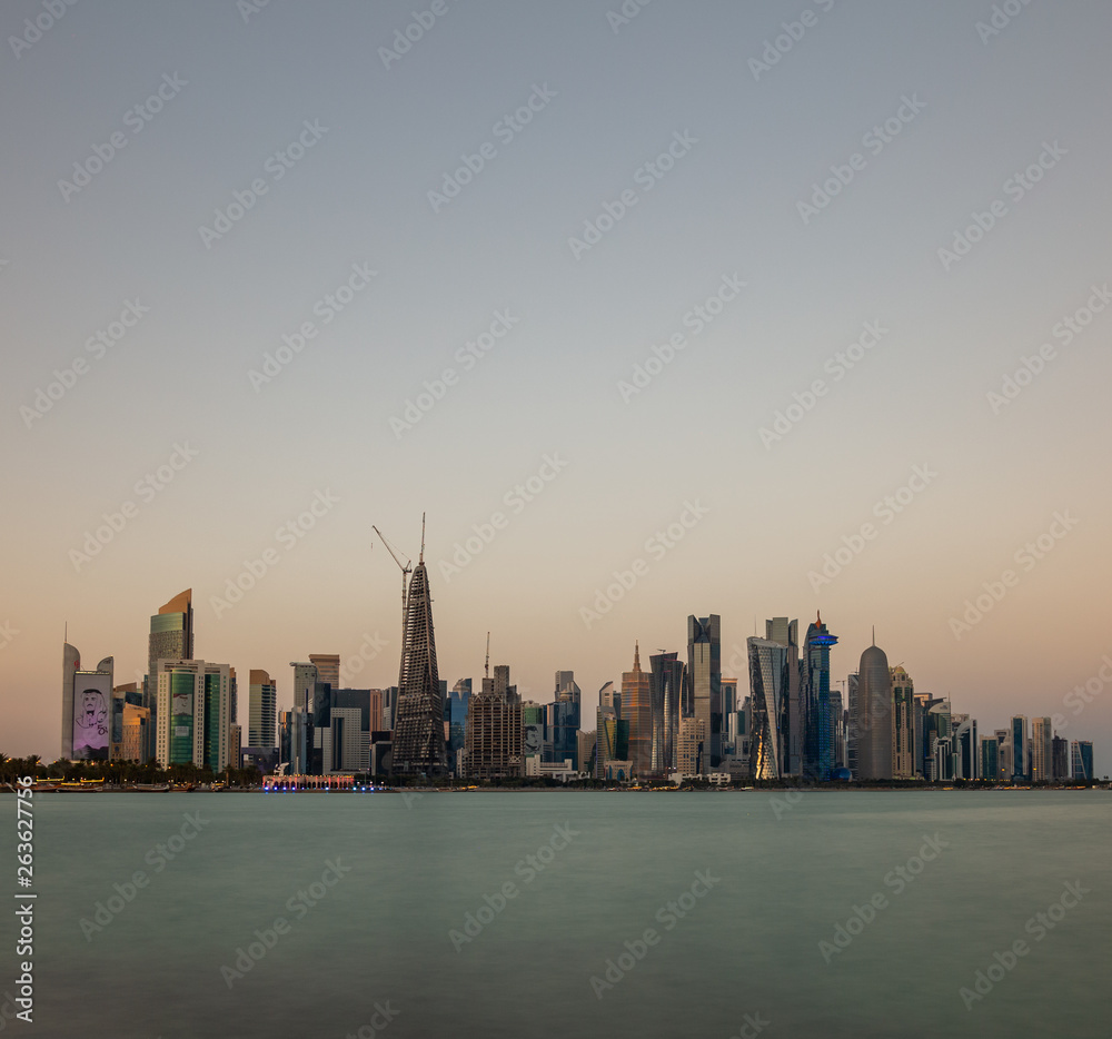 Naklejka premium Doha City Center Skyscrapers, Qatar During the Sunset