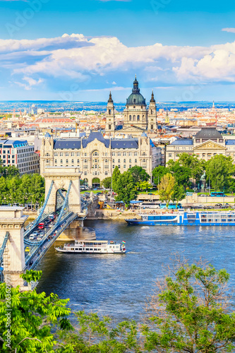 Clear spring day view of the Chain bridge, the Danube and Saint Istvan's basil from Buda castle area in Budapest, Hungary