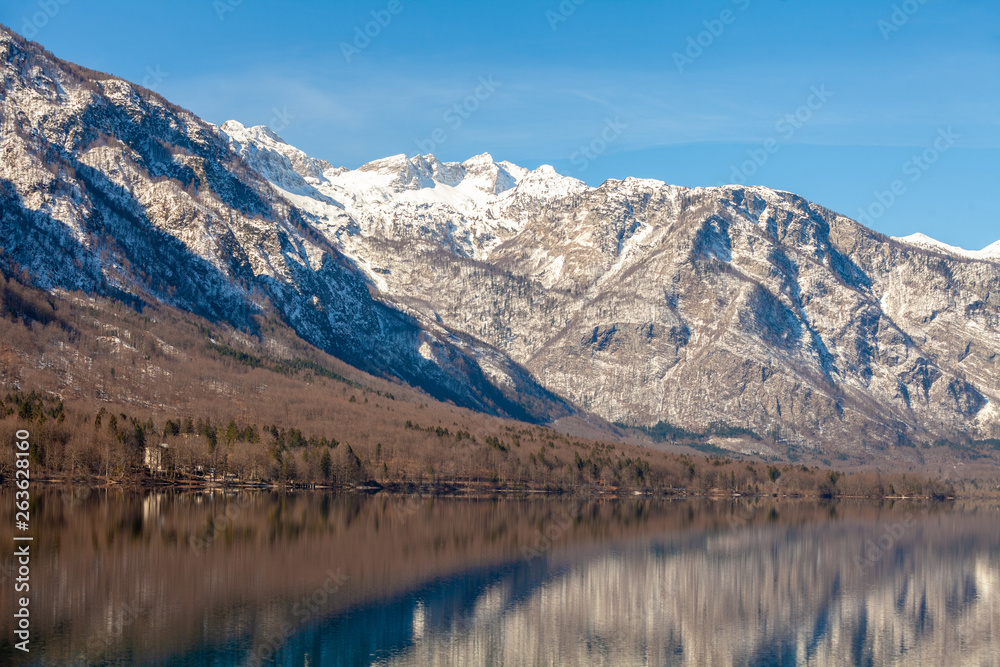 Mountain lake with reflection. Lake Bohinj, Slovenia