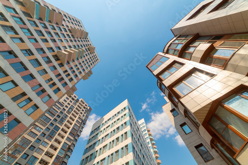 Typical residential high-rise buildings. Bottom view. angle
