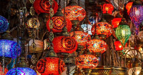 Turkish mosaic lamp oriental traditional light. Glass tile lantern at istanbul bazaar