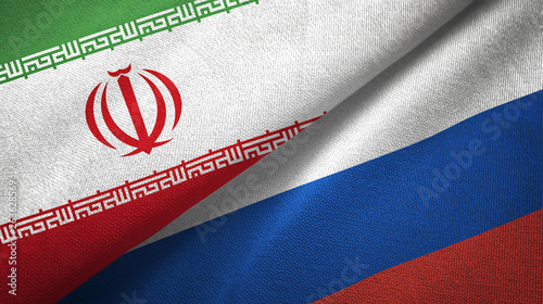 Iran and Russia two flags textile cloth, fabric texture