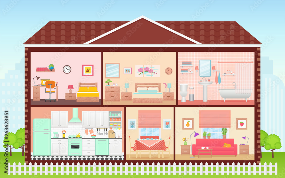 House inside, room interior. Vector. Cartoon house cross section. Home in  cut. Bedroom, living room, kitchen, bathroom and nursery. Cutaway building  with roof. Illustration in flat design. Stock Vector | Adobe Stock