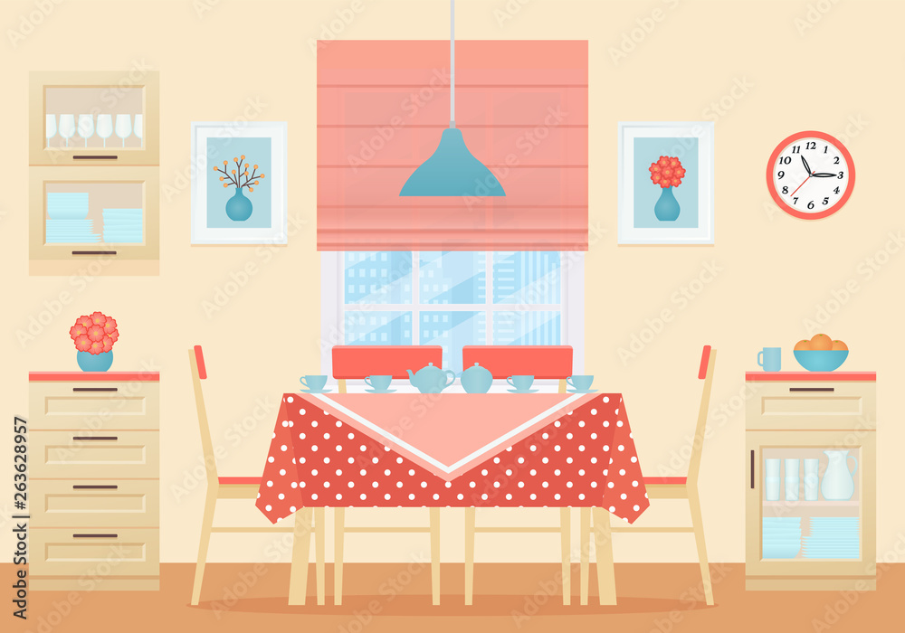 Dining room interior. Vector. Kitchen room with table, chairs, window ...