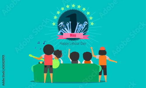 happy labour day 1 may. people celebration.engineering design concept with screwdriver wrench ruler vernier caliper cheater bar.vector illustration eps10