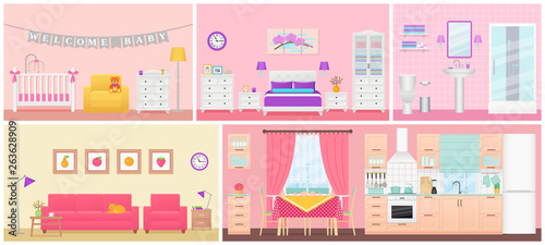 Room interiors. Vector. Living room, bedroom, bathroom, nursery, kitchen, dining room in flat design. Home inside. Cartoon apartment. House, hotel equipment, furniture. Set illustration.
