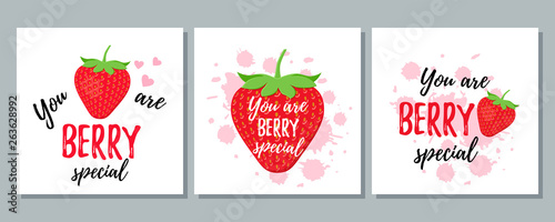 You are berry special. Vector. Quote with strawberry. Funny strawberry slogan. Cute font design. Love pun. It can be used for t-shirt, card print, poster, mug, phone case. Saying on white background