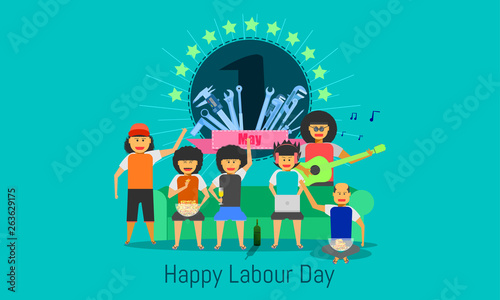 happy labour day 1 may. people on the sofa celebrating on vacation time.engineering design concept with screwdriver wrench ruler vernier caliper cheater bar.vector illustration eps10