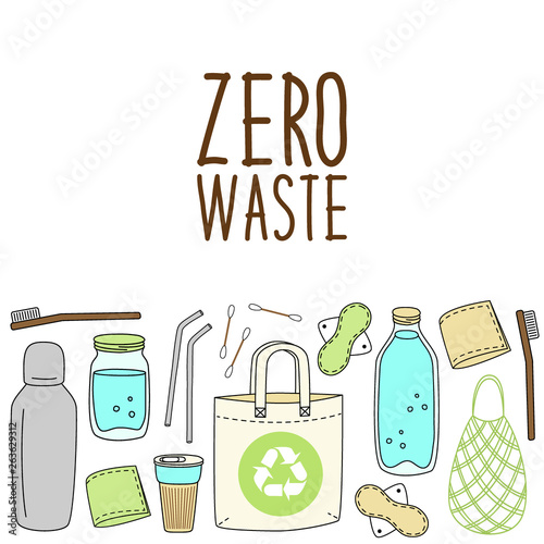 Cute hand drawn elements of no plastic, zero waste concept, eco lifestyle, go green theme