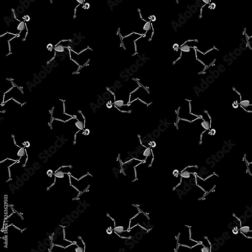 SKELETON WITH SKATEBOARD SEAMLESS PATTERN BLACK