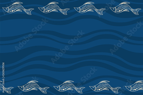 Seamless horizontal border pattern with fishes and abstract smooth waves on background. Space for text. Australian art.