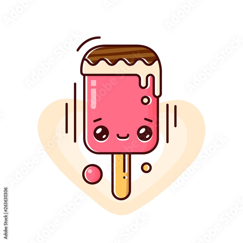 Melting ice cream on a stick isolated on white background. Eskimo pie. Vector flat outline icon. Comic character in kawaii cartoon style illustration for tshirt design