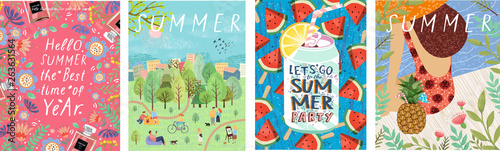 Hello summer! Cute vector illustration for summer backgrounds, cards, posters and flyers. Drawings from the hands of the woman on the beach, soda and leisure people in the park
