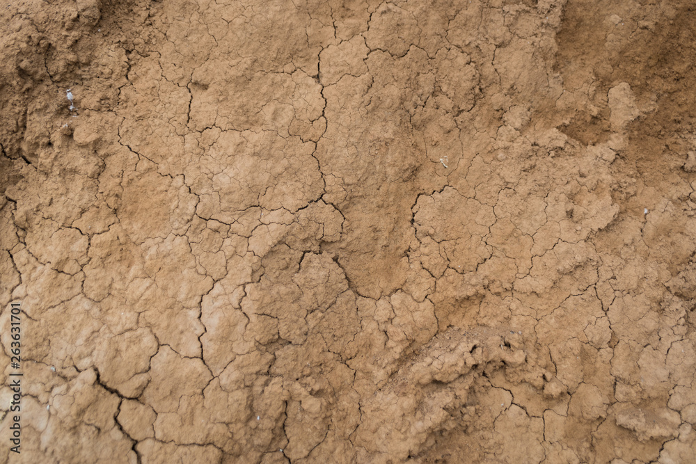 Texture of dry cracked clay. Red dirt soil background