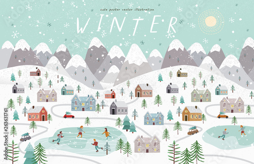 Winter. Cute vector illustration of the Christmas, New Year winter landscape with houses, mountains, people, trees and a skating rink. Top vieц
