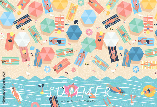 Summer background. Vector illustration of sunbathing people on the beach and swimming in the sea. Drawing by hand the summer holiday season, rest, relaxation and summer.