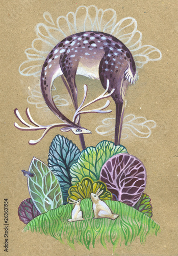 purple deer over the fabulous forest. children's fairy illustration