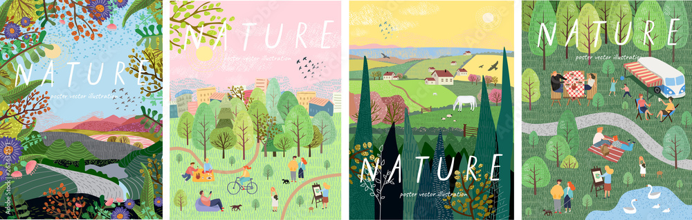 Plakat Natura. Śliczna wektorowa ilustracja krajobrazowy naturalny tło, wioska, ludzie na wakacje w parku przy pinkinem, las i drzewa. Rysunki z ręki lata i wiosny