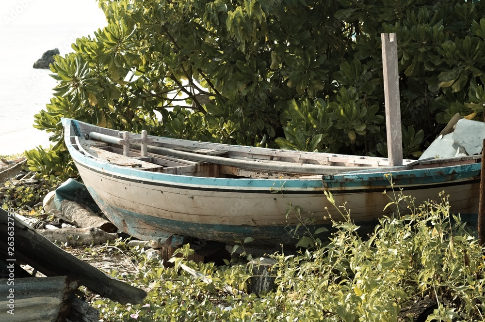 Isolated wooden boat on the beach (Ari Atoll, Maldives)
