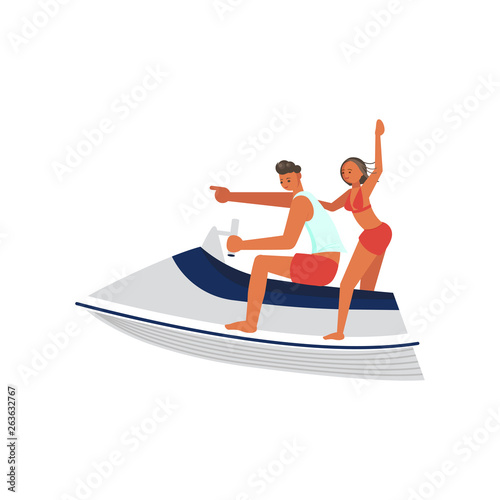 Young man and woman race on aquabike