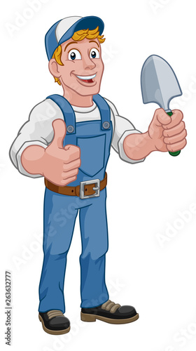 A gardener, handyman or farmer cartoon caretaker contractor man holding a garden spade tool. Giving a thumbs up