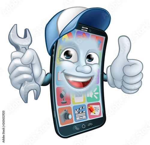 A mobile phone repair service or perhaps plumber or mechanic app cartoon character mascot holding spanner and giving a thumbs up.