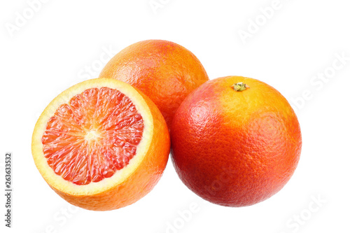 Red blood orange fruit with slices isolated on white background