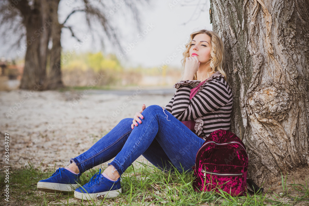 Travel concept, American or European appearance woman walks and enjoying life. Plus size model, stylishly dressed casual style. Natural beauty Travel concept, American or European appearance woman walks and enjoying life. Plus size model, stylishly dressed casual style. Natural beauty