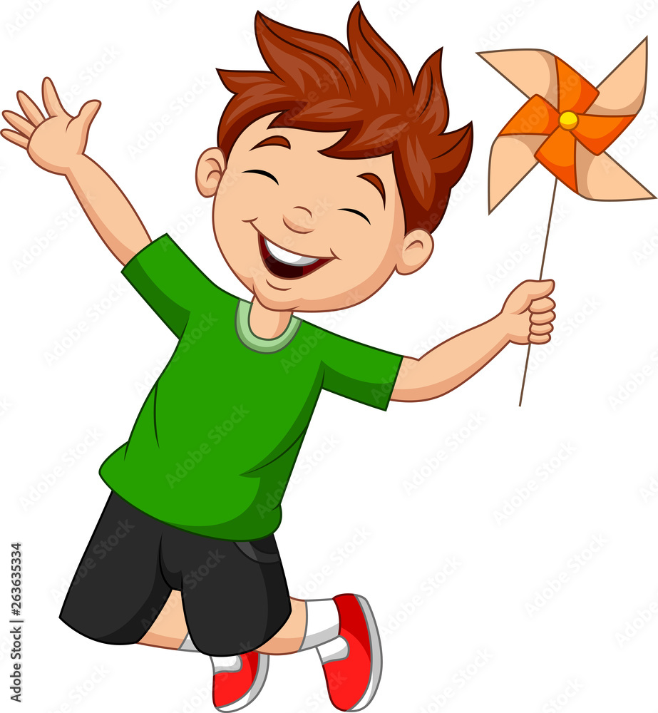 Little boy jumping with a paper windmill Little boy jumping with a paper windmill