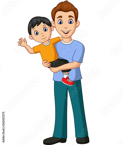 Cartoon father carrying a son in his arms