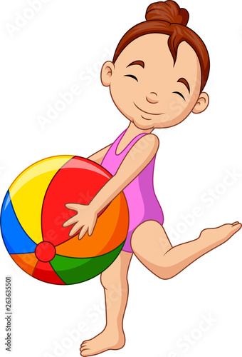 Cartoon happy girl holding a beach ball
