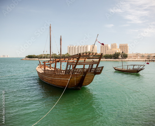 Dhow Cruise/Boat at the MIA Lake with Doha City Center on the background