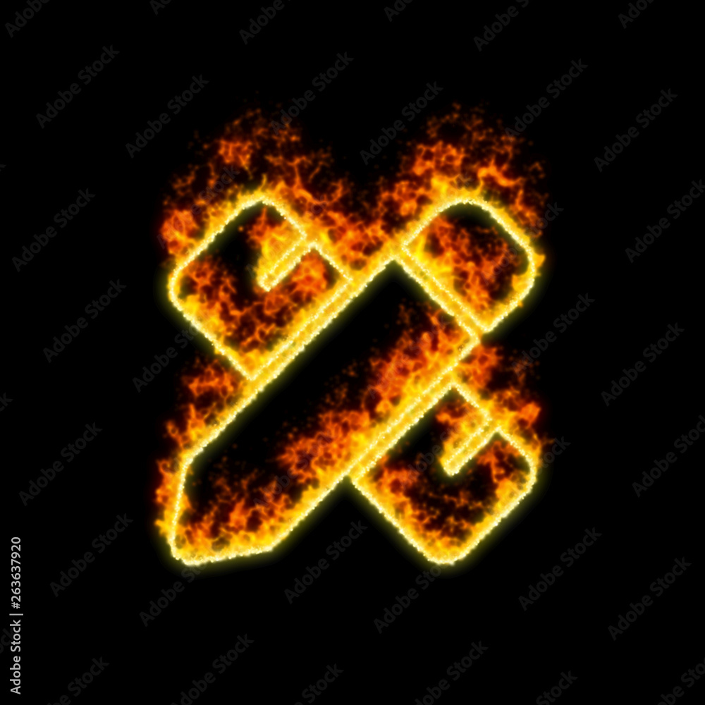 The symbol pencil ruler burns in red fire The symbol pencil ruler burns in red fire