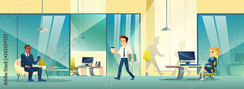 Reception area in business office. Modern room interior with girl receptionist character, employee going for coffee break and customer waiting on armchair with smartphone. Cartoon vector illustration.