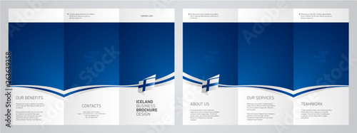 Wavy flag and ribbon of Finland three fold brochure modern design blue abstract background
