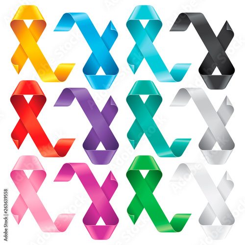 Big Set of Awareness Ribbons. Symbols of support or solidarity for many advocacy groups. The meaning behind an awareness ribbon depends on its colors and pattern. Isolated on white background