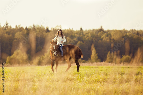 Young girl goes sorrel horse riding in field © Olga