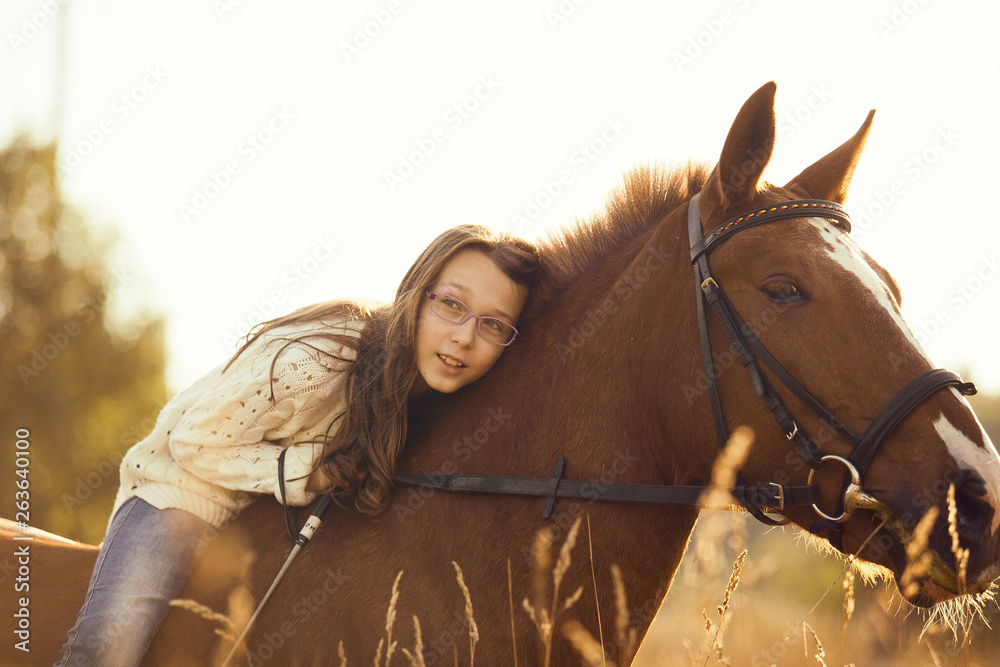 Fototapeta premium Young girl with sorrel horse in field