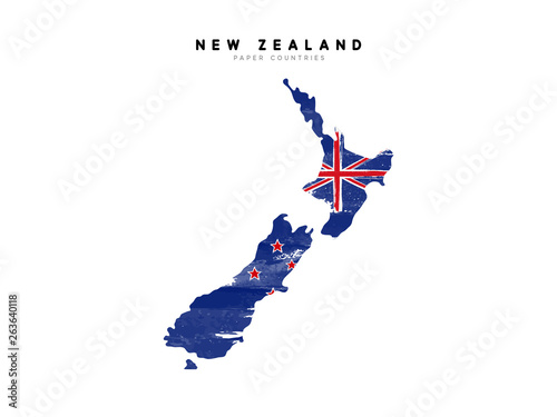 New Zealand detailed map with flag of country. Painted in watercolor paint colors in the national flag