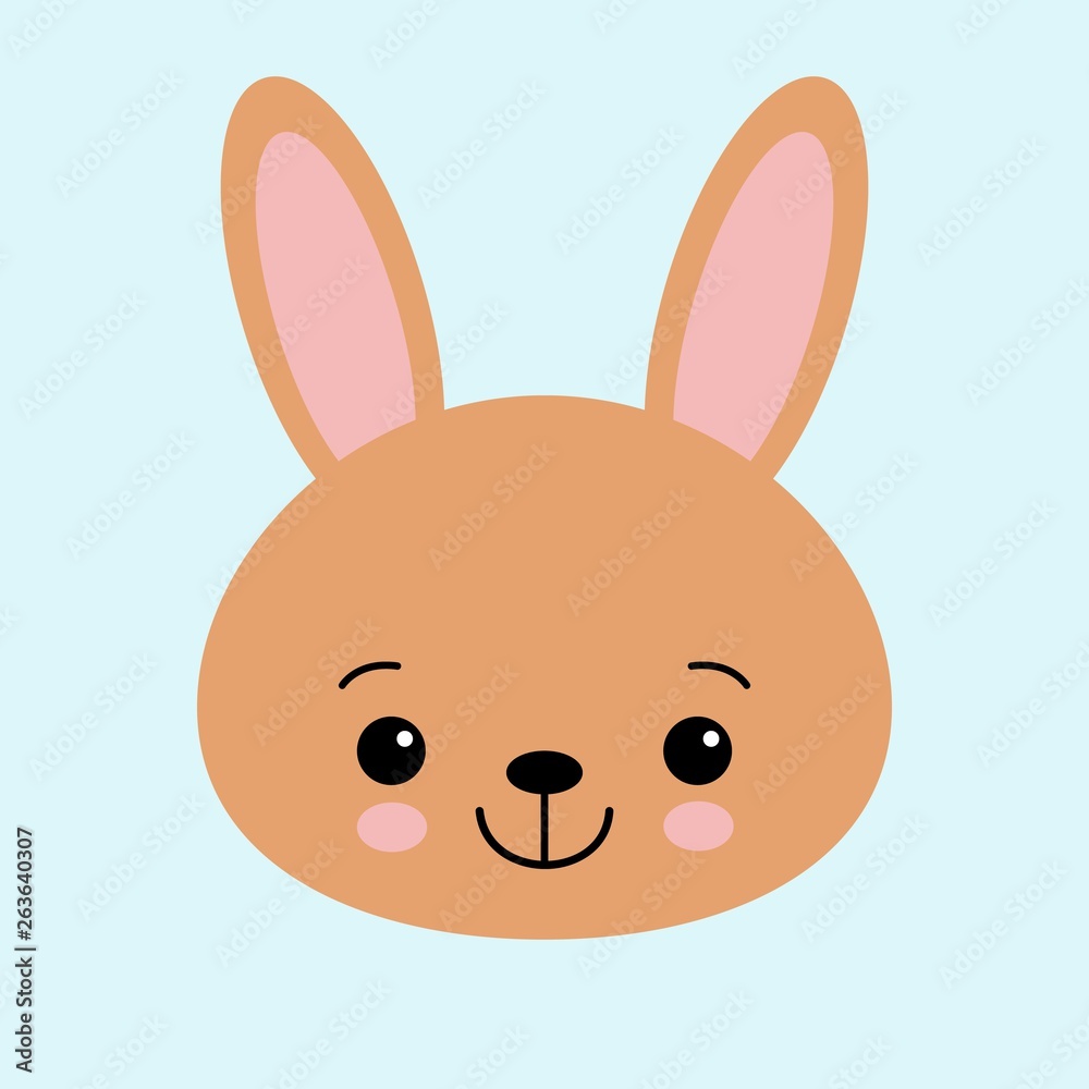 Brown bunny rabbit. Funny head face. Big ears. Cute kawaii cartoon character. Baby greeting card template. Happy Easter sign symbol. Blue background. Flat design. Brown bunny rabbit. Funny head face. Big ears. Cute kawaii cartoon character. Baby greeting card template. Happy Easter sign symbol. Blue background. Flat design.