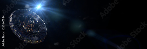 space station in empty space (3d science fiction rendering banner, elements o...