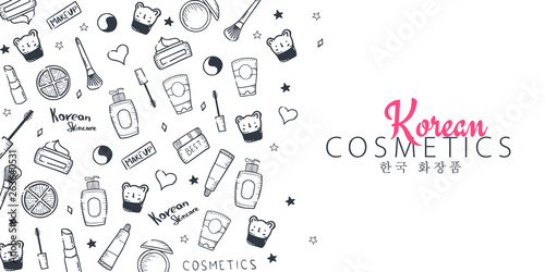 Korean cosmetics. K-Beauty banner with hand draw doodle background. Skincare and Makeup. Vector Illustration.