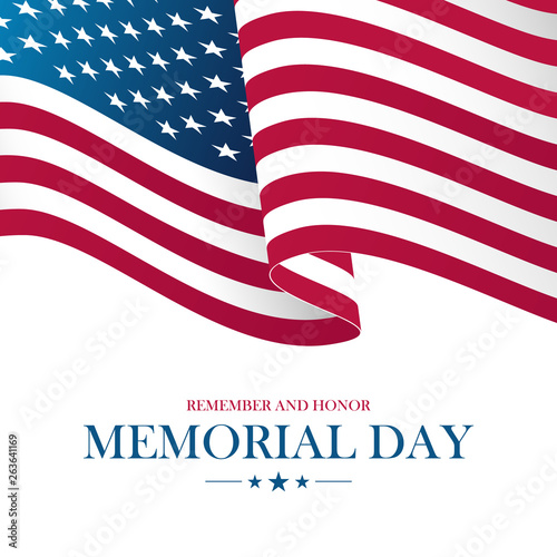 USA Memorial Day card with waving United States national flag. Vector illustration.