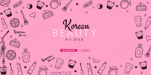 Korean cosmetics. K-Beauty banner with hand draw doodle background. Skincare and Makeup. Vector Illustration.
