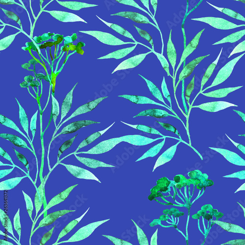 Summer seamless pattern with hand drawn watercolor leaves. Sweet floral background on blue. For decoration  textil  paper and wallpaper.