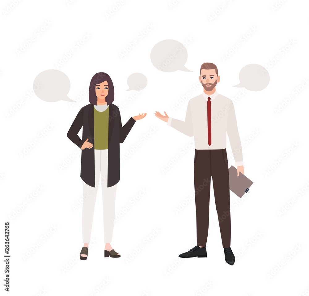 Pair of clerks dressed in business clothes standing and talking to each other. Conversation or dialog between male and female office workers isolated on white background. Flat vector illustration. Pair of clerks dressed in business clothes standing and talking to each other. Conversation or dialog between male and female office workers isolated on white background. Flat vector illustration.