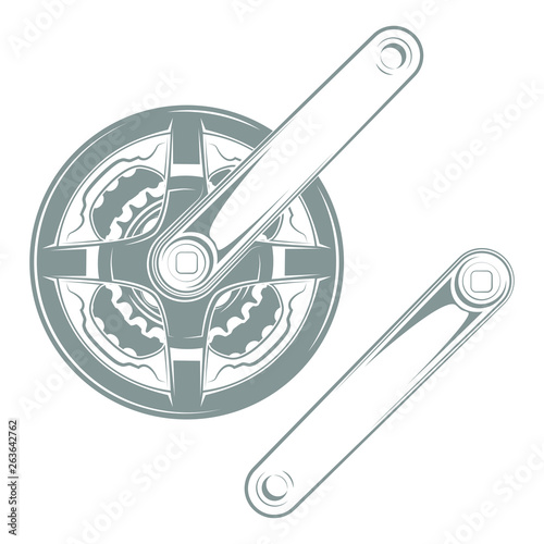Crankset for bicycle isolated on white background, monochrome style, vector