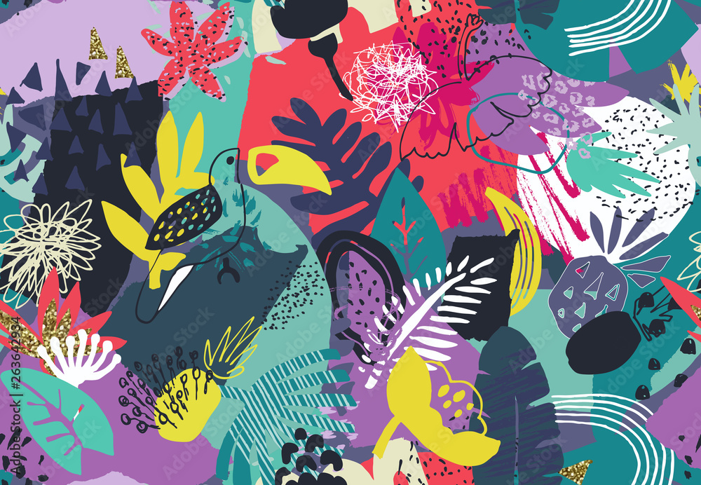 Naklejka Wektorowy kolorowy bezszwowy wzór z tropikalnymi roślinami, kwiaty. ptaki, ręcznie malowane tekstury.